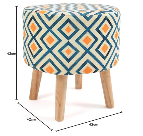 Image of NACIA Printed Ottoman Stool Set of 2 | Soft Cushioned Velvet Pouf Footrest with Wooden Legs | Decorative Seating Stool for Bedroom Living Room Home & Office (16x16x17 Inch, Yellow Box)
