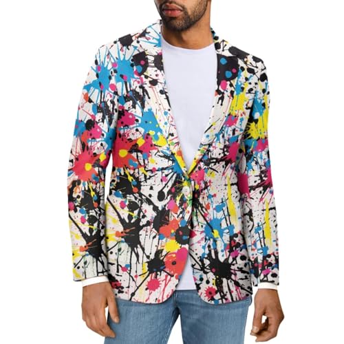 GLUDEAR Men's Suit Blazer Jackets Splash Oil Paint Graffiti Print Slim Fit One Button Coats Blazers