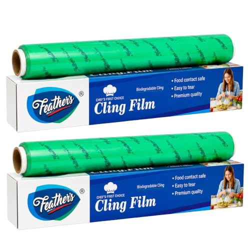Image of Feather's Cling Film Food Wrap | Biodegradable | Multipurpose Food Wrapper | Eco-Friendly | Food Grade Quality for Sandwich, Fruit, Rolls, Lunch | Non-Stick | Microwave Safe (Pack of 2, 30m Each)