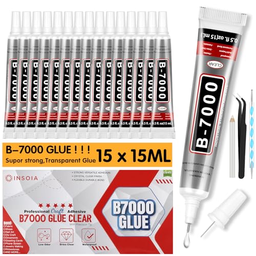 15 PCS 15ml B7000 Glue Clear with Precision Tip Bedazzling Glue Super Glues Rhinestone Glue for Nail Craft Glues Jewelry Making Nail Art DIY Makeup Shoes