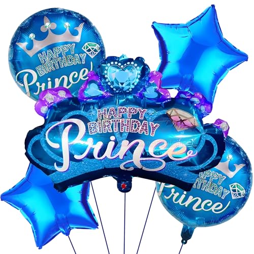 Image of Propsicle Blue Crown Foil Balloon Set of 5 Prince Theme Kids Birthday Decoration Kit, 32 Inch Crown Balloon with 18 Inch Star and Round Balloons Supports Air and Helium Inflation
