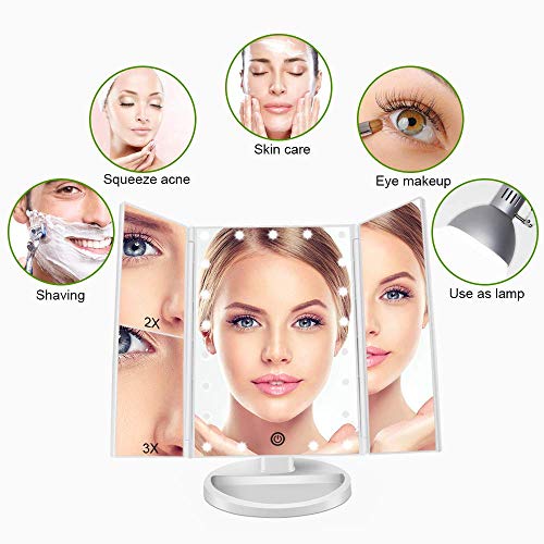 21 LED Trifold Illuminated Makeup Mirror, ELOKI Lighted Vanity Mirror with Touch Screen Dimming and USB Powered, Illuminated Cosmetic Mirror,180° Swivel Rotation (White )