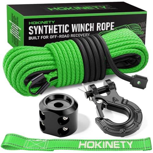 HOKINETY Synthetic Winch Rope Kit - 1/4 x 50 10000 lbs Kinetic Recovery Cable for ATV UTV Off-Road Vehicles with Forged Hook Rubber Stopper Protective Sleeve and Safety Pull Strap - Green