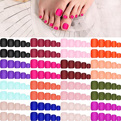 384 Pieces 16 Sets Matte Short Press on Toe Nails Short Square Artificial Nail Tips Solid Color False Toe Nails Full Cover Square Fake Nails for Nail DIY Manicure (Charming Color)