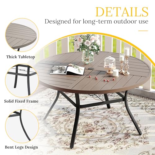 Image of VICLLAX Round Patio Table with Adjustable Umbrella Hole for 6, All Weather Metal Outdoor Dining Table for Lawn Garden, 50 inch Outdoor Coffee Table, Grey Wood-Like Tabletop