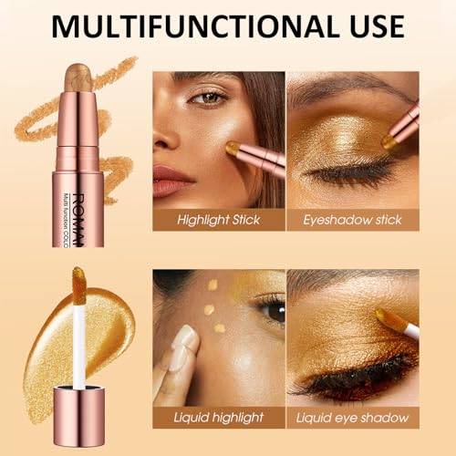 Highlighter Makeup Stick, 2 In 1 Liquid Highlighter & Cream Eyeshadow Stick - Multi Purpose Highlighter Stick Bronzer Contour Stick - Waterproof Long Lasting Shimmer Contour Liquid Luminizer, 02 - Image 5