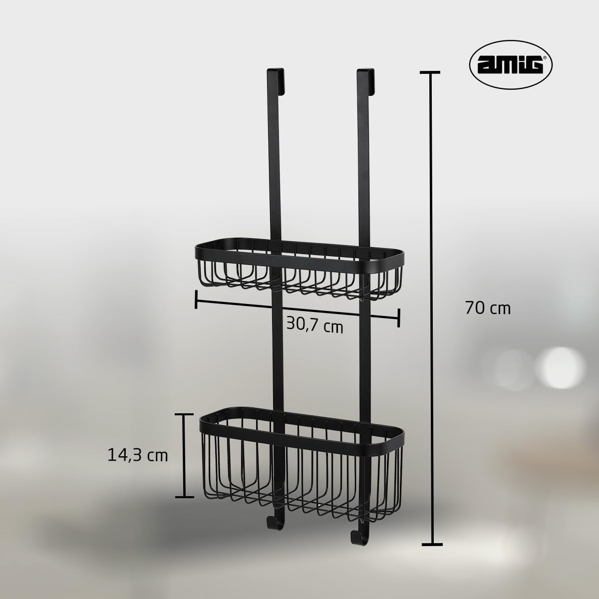 Amig - Hanging Shower Shelf - Bathroom Organizer with 2 Levels for Shower Enclosure - No Drill Basket for Gel, Shampoo and Bath Accessories - Black - Stainless Steel