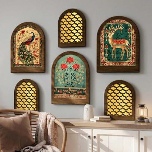 Image of Jharokha MDF Mirrors Home Decoration Items | Traditional Wall Decor Items for Living Room | Mirror Wall Hanging | Home Decor Items for Bedroom Office Set of 6 (9x12 inch & 7.5x9.5 inch)