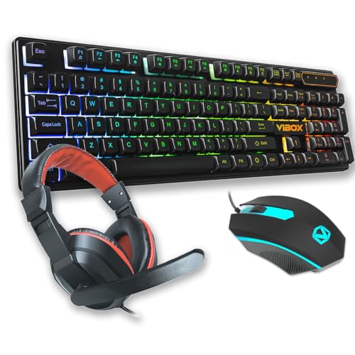 Vibox Gaming 3-in-1 Bundle V1 | LED Backlit UK Layout Keyboard RGB Mouse Headset (Black)