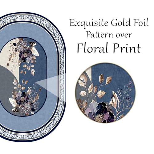 Image of Cloth Fusion Velvet Floral Oval Shape Dining Table Cover Cloth 6 Seater with Stunning Gold Foil Design for Home Decor (60x90 Inch, Blue)