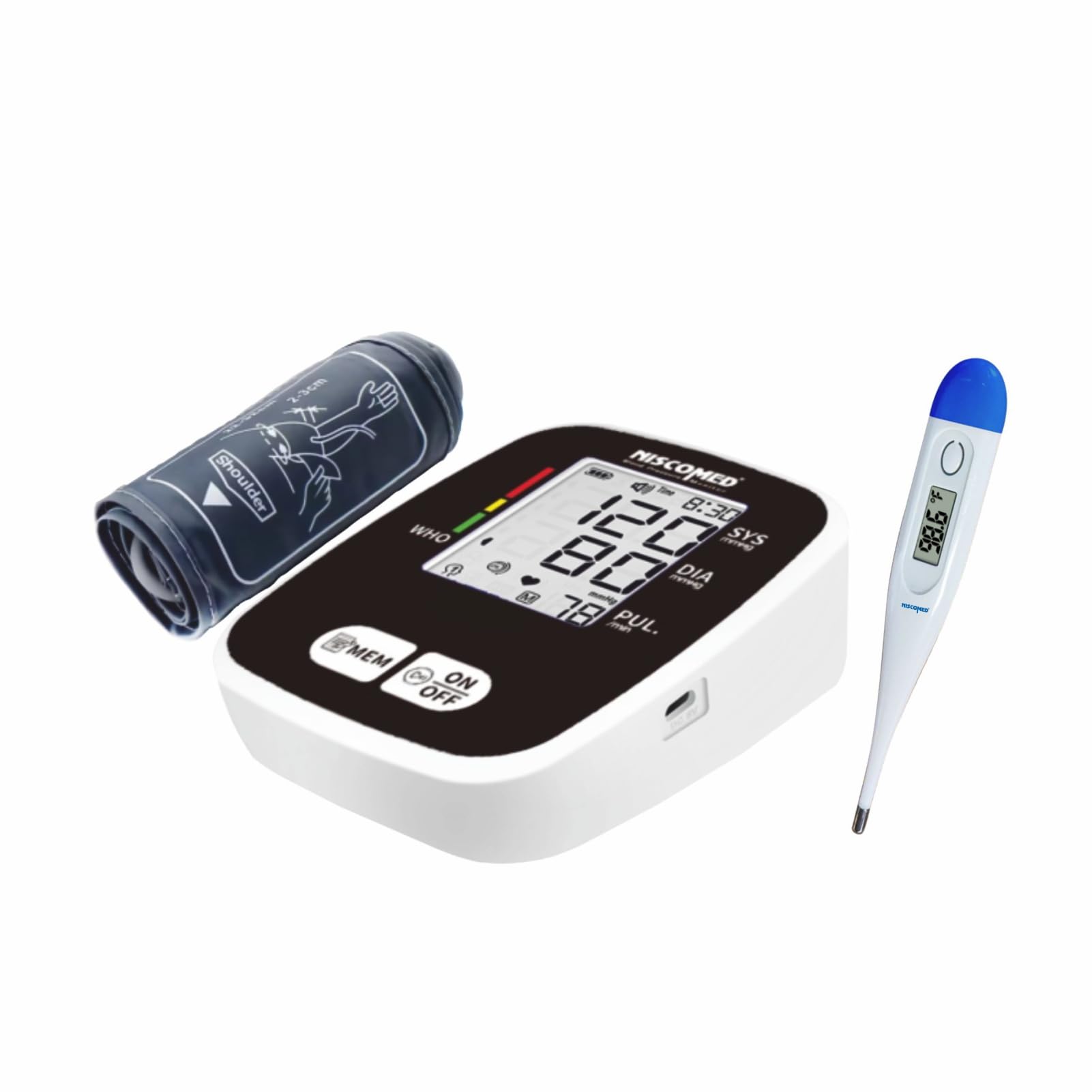 NISCOMED PW-221 LCD Display Digital BP Check Machine For Home | Fully Automatic Upper Arm Style BP Monitor | With USB Cable & AAA Battery | With Large Cuff and Digital Thermometer (1 Year Warranty)-image-31