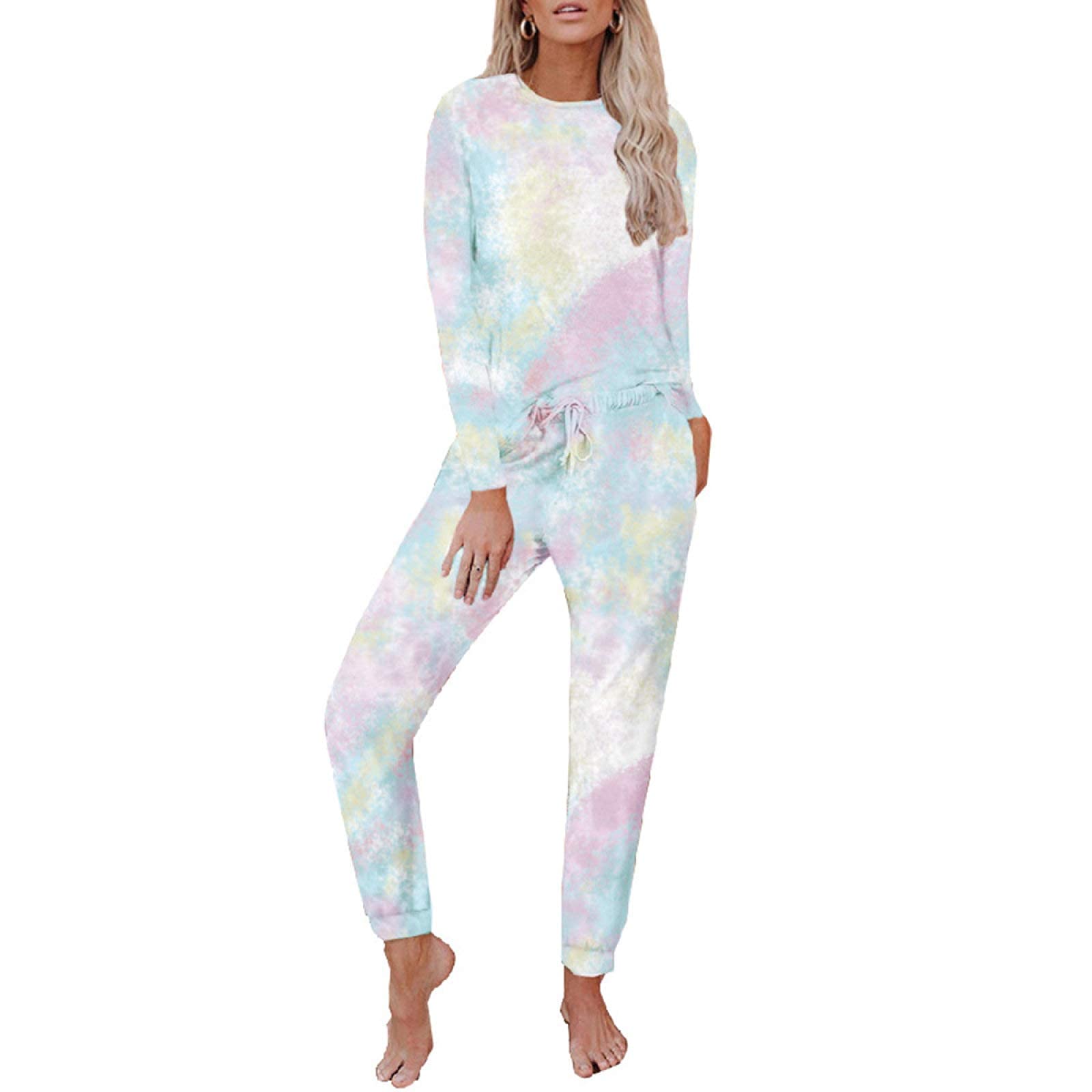 Pyjama femmes col rond pour cocooning à la maison ensemble tie-dye à manches longues