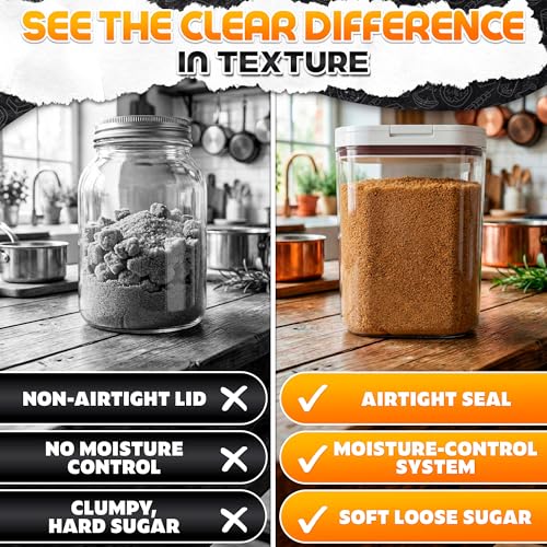 Image of Brown Sugar Container Keeper with Lid & Spoon - Airtight Clear Plastic Brown Sugar Canister with Moisture Disc - 1-Button Easy Open Jar, Clump-Proof Soft & Fresh Storage with Silicone Seal, 2 Quart