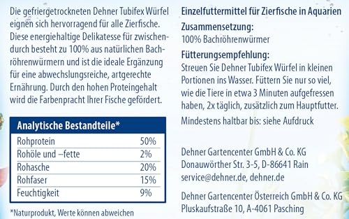 Dehner Aqua Fischfutter, Fischsnack proteinreich / 100% natürlich, Tubifex Würfel aus Bachröhrenwürmern für Zierfische, 20 g