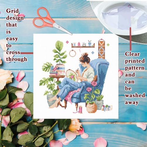 Image of FREEBLOSS 11CT Cross Stitch Kits Girl Green Plants Stamped Full Range of Embroidery Starter Kits for Beginners Stamped Cross Stitch Wall Painting Craft Kit with Instruction, 17.7x17.7