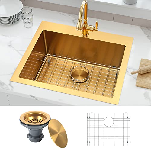 Image of Gold Drop In Kitchen Sink 25 inch X 22 inch, 25 Inch Top Mount 16 Guage T-304S Stainless Steel Kitchen Sinks, 10 Inch Deep Single Bowl laundry Sink with Accessories