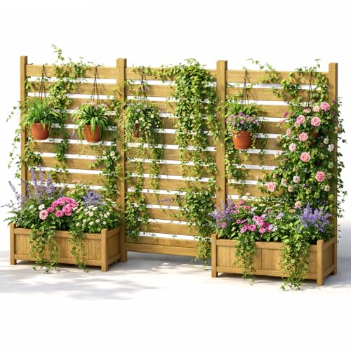 Pamapic 3 Set Blumenkasten mit Rankgitter, Holz Pflanzkasten mit sichtschutz & Entwässerungslöchern, Pflanzkübel mit Rankgitter für Kletterpflanzen, Blumen & Gemüse, Garten, Terrasse