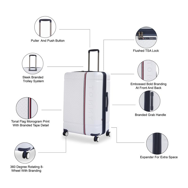Image of TOMMY HILFIGER Millennia Large Hard Luggage - White |Check-in Trolley Bag with TSA Lock | 360 Spinner Double Wheels | Telescopic Handle | Polycarbonate Hardshell Suitcase | 89L Capacity | 78cm