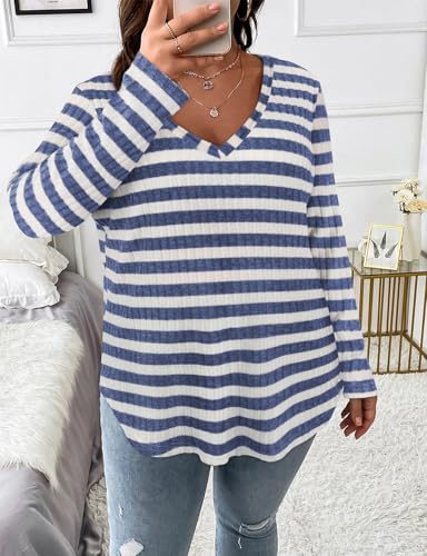 Image of Koscacy Women Plus Size Casual Knit Sweater V Neck Solid Color Tops Lightweight Long Sleeve Blouses