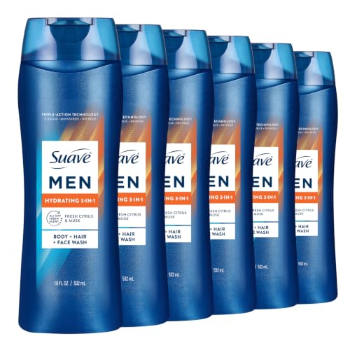 Suave Men's 3-in-1 Body Wash, Shampoo & Face Wash, 18 Fl Oz, Pack of 6