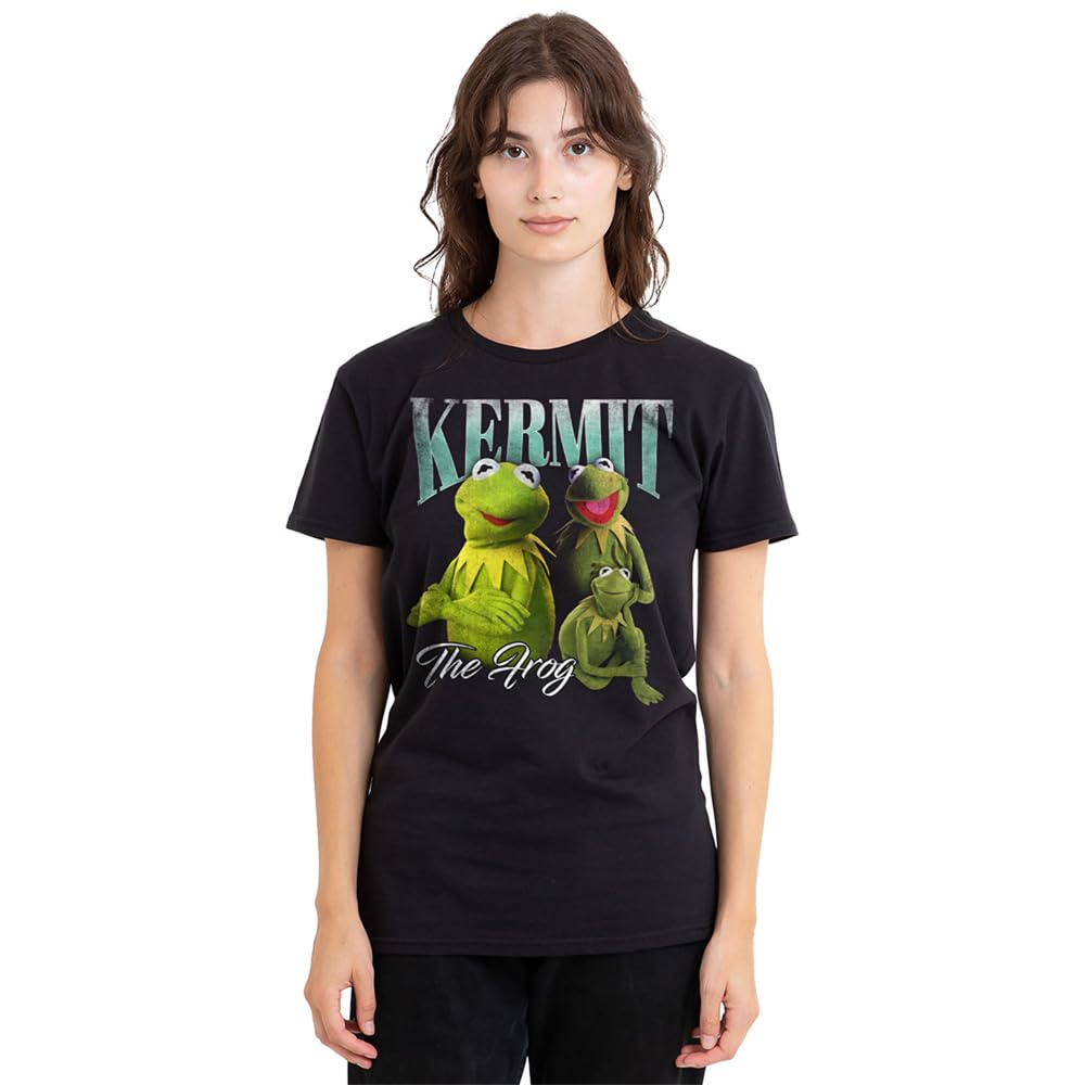 Muppets Disney The Kermit The Frog Homage Ladies T-Shirt, Black, Large