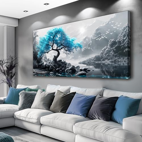KELIYUAN Large Wall Decor Canvas Painting Wall Art For Bedroom Living Room Decoration Blue Tree Black And White Foggy Mountain Landscape Art Print Picture Room For office Room Home Decor 30x60 In