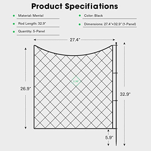 Vivogrow Decorative Garden Fence, 27.4” (L)× 32.9” (H) No-Dig Metal Fencing And Gate Bundle, 4 Panels + 1 Gate, For Yard Landscape Patio Outdoor Decor #TOP4