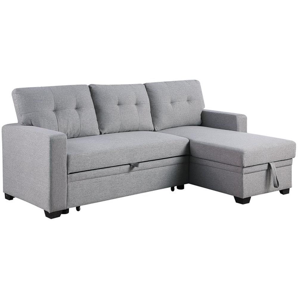 Pemberly Row L-Shaped Contemporary Polyester Fabric Reversible, Easy Convertible Pull-Out Sleeper Sectional Sofa/Storage Chaise with Tufted Back Cushions and Track Arms in Light Gray