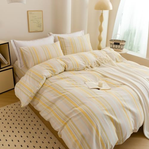 Image of Yellow Striped Duvet Cover Bedding Set 100% Washed Cotton Linen Like King