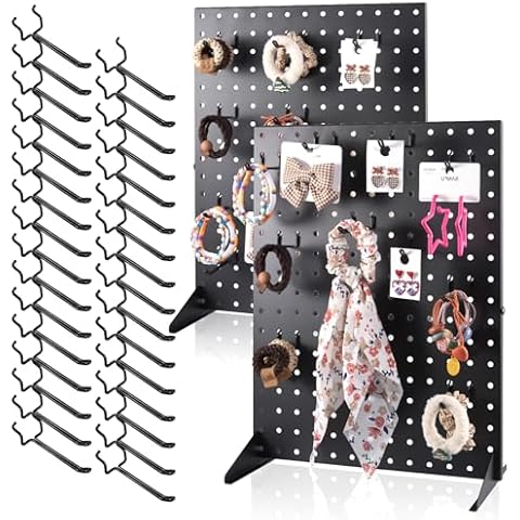 Yosuny 2 Pack Pegboard Display Stand for Vendors Events, 17" X 13" Tabletop Pegboard Display Stand for Craft Shows, 32 Hooks Display Retail Rack for Selling Earring, Jewelry, Pin, Keychain, Stickers Cover