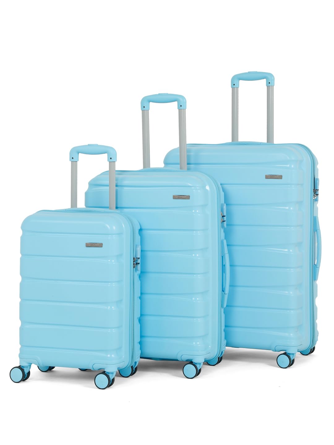 Teakwood MA Trolley Bag, Hard with Zipper Closure, Adjustable Push Button & Cross Side Strap, Number Lock System 360 Degree (Sky Blue, Set of 3)