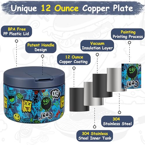 Image of Pawtong 12oz Insulated Vacuum Food Jar with Buckle Lid Wide Mouth Soup Thermo for Hot Food Kids Leakproof Stainless Steel Lunch Container (Blue-Monster)