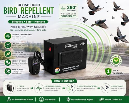 Image of Ultrasonic Bird Repellent Machine 360 Degree Coverage Bird Deterrent Device for Farm Warehouse Garden Rooftop Factory Pigeon Crow Up to 5000 Sq Ft | Noisy Machine Better for Industrial Use | Pigeon Deterrent, Plug-In Powered, All Directions Protection, Ultrasonic Sound Waves, Indoor & Outdoor Use