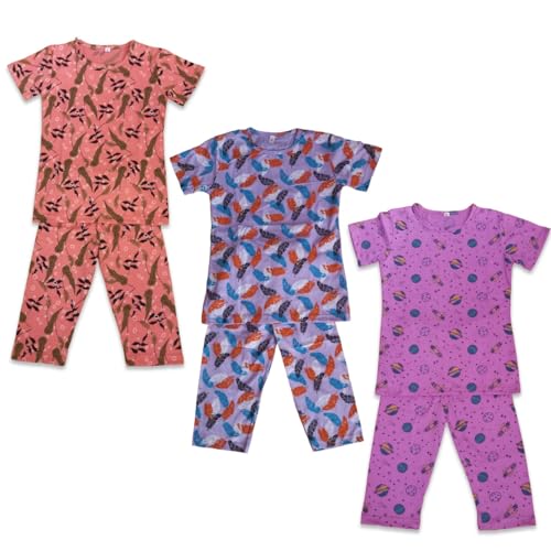 Image of Girls Pure Cotton Casual Round neck regular feet Multi Color Girls night dress Half Sleeve set of 3 pcs