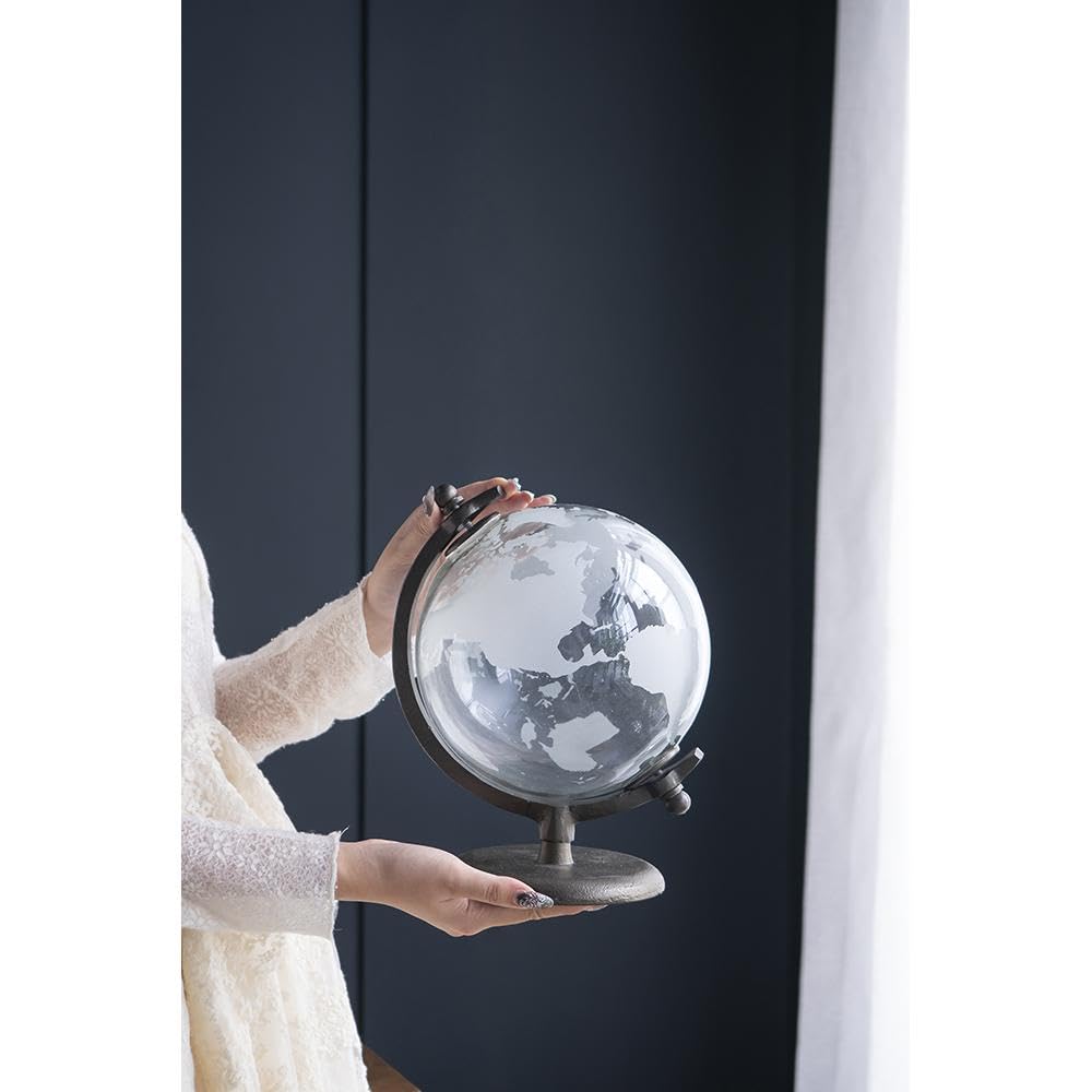 ORYNTIDE Minimalist World Globe - Clear Glass with Etched Continents on Black Metal Base, Modern Home Decor for Living Room, Office, or Desk Display, Elegant Travel Gift for Globetrotters - D8 x 11.5