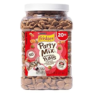 Purina Friskies Natural Cat Treats Party Mix Natural Yums With Real Salmon and Added Vitamins, Minerals and Nutrients – 20 Oz. Canister