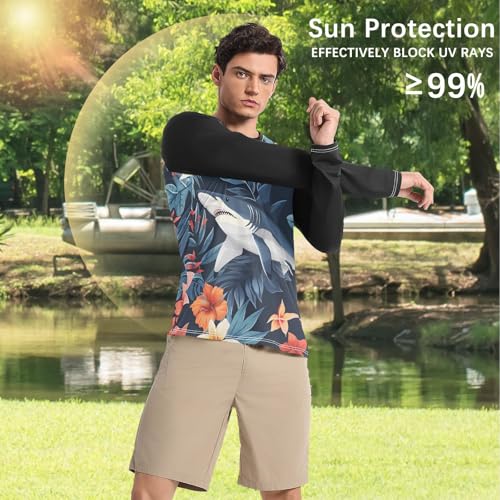 Bolaz Mens UV Protection Shirts Rash Guard Long Sleeve UPF 50+ Shark Tropical Flowers Quick Dry S4
