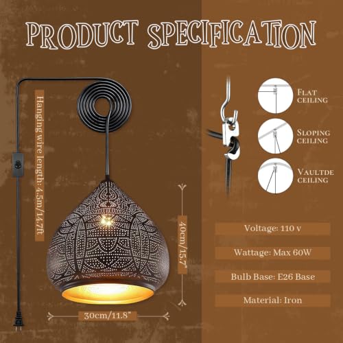 Image of Plug in Pendant Light for Ceiling Black Hanging Light Moroccan Lamp