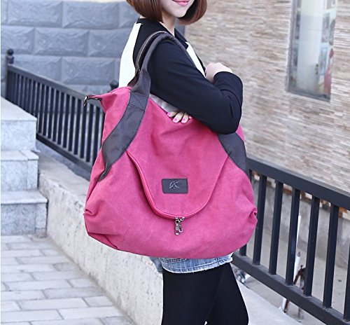 xiaoxiongmao Large Pocket Casual Women's Shoulder Cross body Handbags Canvas Leather Bags Rose red