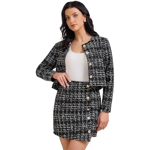 Allegra K Women's 2 Piece Skirt Sets Tweed Blazers Button Down Jacket Mini Skirt Set Business Casual Outfits 2025 Black L Cover