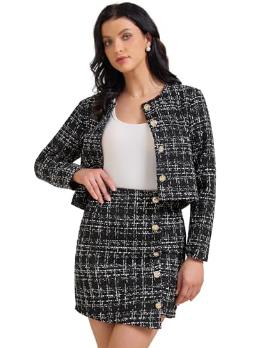 Allegra K Women Business Tweed Button Down Blazer Mini Skirt