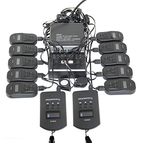 EXMAX EXD-101 Sistema de guía turística inalámbrico 2.4G con 9999 canales y 2 transmisores, 10 receptores, estación de carga de 16 puertos miniatura 2