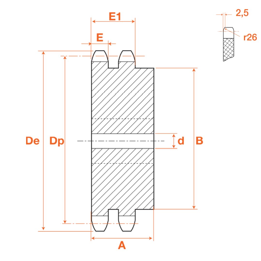 CMW - Rueda dentada pretaladrada - Acero - Dentado doble - 24B2-21 dientes - Paso 38,1 mm con agujero de 30 mm