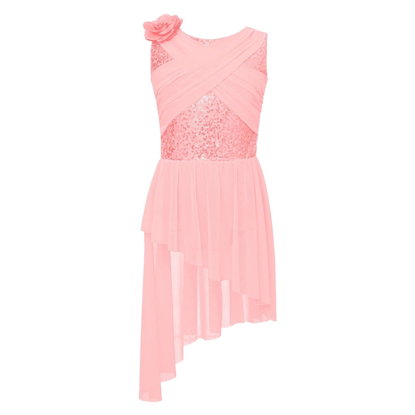 Disfraz Gimnasta NiñA Traje de Baile lírico con Lentejuelas for niñas, Vestido de Malla Transparente superpuesta, Vestido de Gimnasia, Patinaje artístico, Baile Latino, cha-cha, vals(Pink,12)