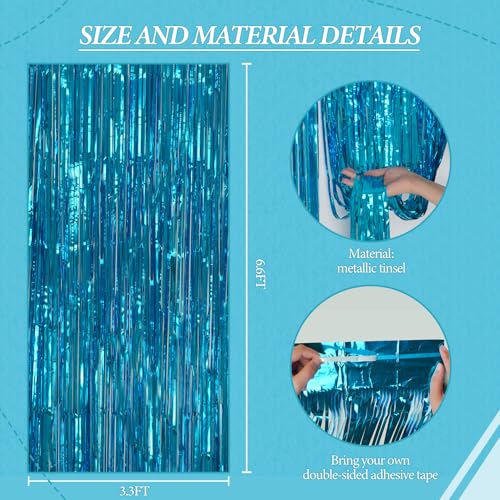 Image of DECOCKRAT 3 Pack Foil Fringe Backdrop - Blue Shiny Tinsel Curtains for Party Decoration /Photo Booth Props - 3.3x8.2 FT Metallic Foil Backdrop for Birthday, Wedding, Graduation, Christmas.