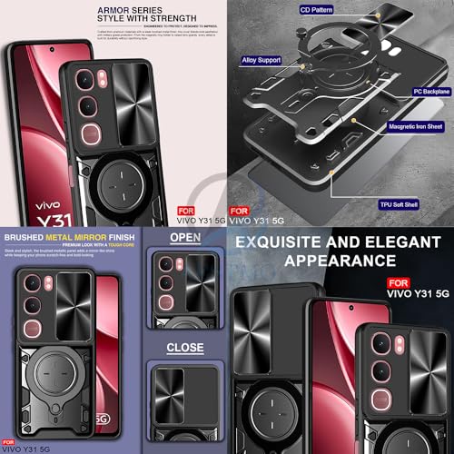 Image of AESTMO Armor Vivo Y31 5G Bumper Back Case Cover | Ring Holder & CD Pattern Sliding Camera Shutter Cover | Back Case Cover for Vivo Y31 5G (Black)