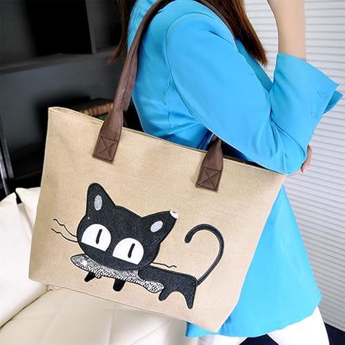 MINGZE Einkaufstasche für Damen, Handtasche, Cartoon-Katzenmotiv, Strandtasche, lässig, Schulranzen, Arbeit oder Schulleben