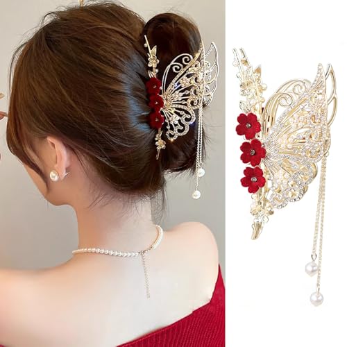 Pinza elegante con borla estilo oriental color rojo miniatura 1
