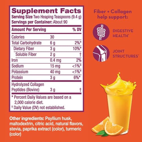 Metamucil Daily Fiber + Collagen, Psyllium Husk Powder, Plant Based, Sugar-Free with Stevia, 3-in-1 Fiber for Digestive Health, Orange Flavored, 90 Doses (29.8 OZ Fiber Powder) - Image 3