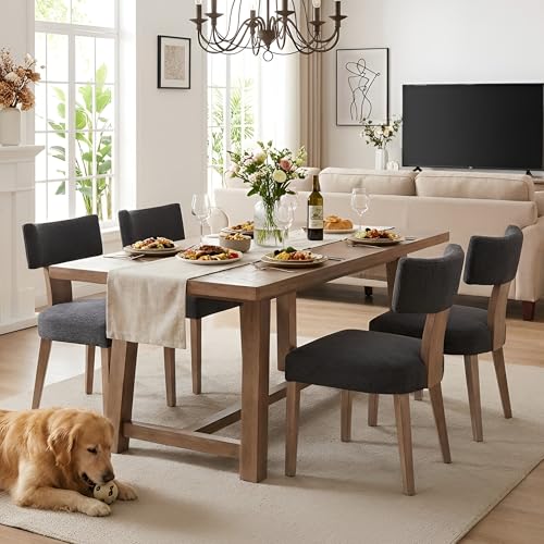 Image of HNY Mid Century Modern Dining Chairs Set of 4, Farmhouse Linen Upholstered Accent Chair Curved Backrest Kitchen Chairs, with Hardwood Frame, Charcoal